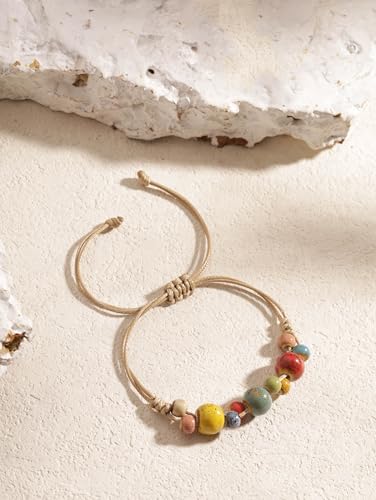 MINACHI Bohemian Colorful Ceramic Bead Adjustable Leather Bracelet, Boho Hippie Summer Jewelry Gift for Women - color: S04