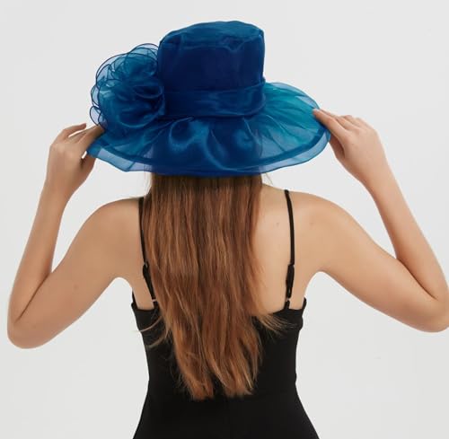 Women's Kentucky Derby Church Dress Hat Wide Brim Leaf Flower Bridal Shower Hat - color: G1-navyblue