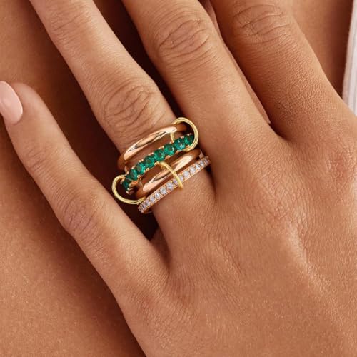HERSIN Stackable Interlocked Rings for Women Non Tarnish, 18K Rose Gold Plated Green Cubiz Zirconia Ring Chunky Rings Mixed Metal Multi Ring Dainty Stacking Rings Set Gold Jewelry for Women Gifts - color: RoseGold