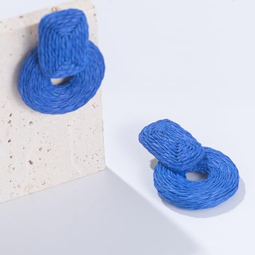 Statement Raffia Earrings Cute Boho Earrings Rattan Dangle Earrings Handmade Straw Wrap Earrings Summer Drop Dangling Earrings for Women Teen Girls - color: Royal Blue