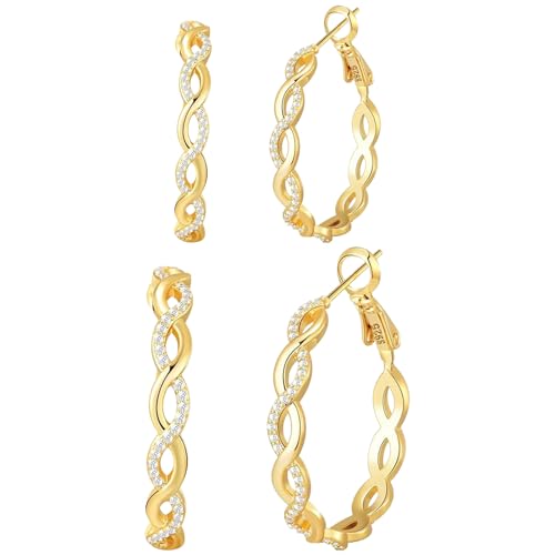 Senteria 925 Sterling Silver Post Hoops Earrings for Women Lightweight Twisted Hoop Earrings With Cubic Zirconia Hypoallergenic Silver Hoops Earrings (20/30/40/50/60MM) - color: gold-20/30mm