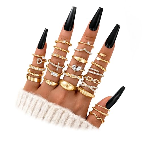 FAXHION 25 PCS Gold Stackable Rings Set for Women, Simple Twist Knuckle Finger Ring Trendy, Dainty Stacking Statement Thumb Rings Pack Jewelry Gift - color: A-gold