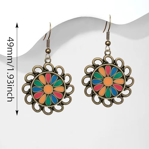Bohemian Lightweight Vintage Copper Enamel Flower Hollow Dangle Drop Earrings Handmade Retro Circle Floral Hook Earrings For WomenJewelry Gifts - color: Colorful