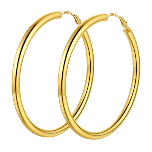 Stainless Steel Chunky Hoop Earrings For Women, Minimalist and Chic, Black/Gold Plated, Round Hoops Earrings Hypoallergenic, Size: 30mm/40mm/60mm/80mm, Come with Box - color: 1. Gold, size: 80MM