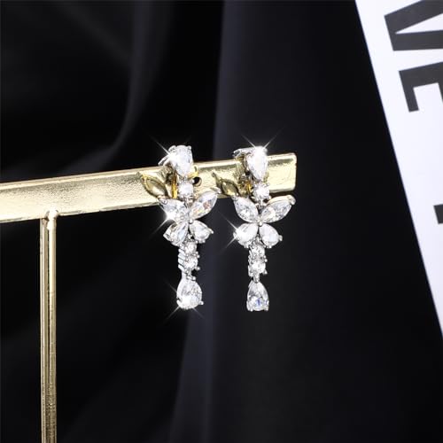Awinesn Clip on Earrings for Women 925 Sterling Silver Plated Cubic Zirconia Long Tassel Dangle Drop Earrings Non Pierced Earrings for Women Jewelry Gifts Wedding Party - color: butterfly 1