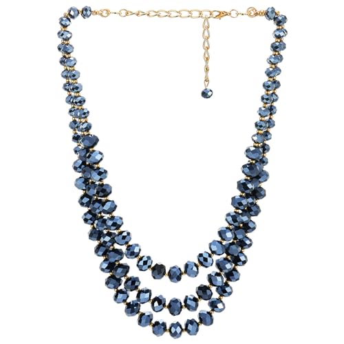 COOLSTEELANDBEYOND Crystal Beads Statement Necklace, Three-strand Layered Necklace, Waterfall - color: C-Color: Blue & Gold