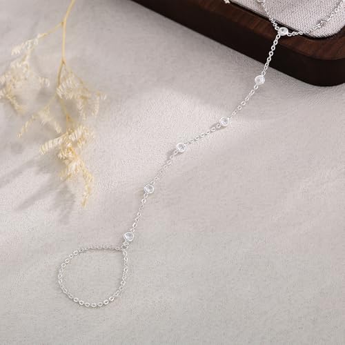 Risamil 14K Gold Plated Hand Chain Bracelets for Women Trendy, Dainty 2PCS Ring Bracelet Hand Chain Finger Bracelets Layered Stackable Link Bracelets for Women Jewelry Gifts for Women - color: CZ-Silver