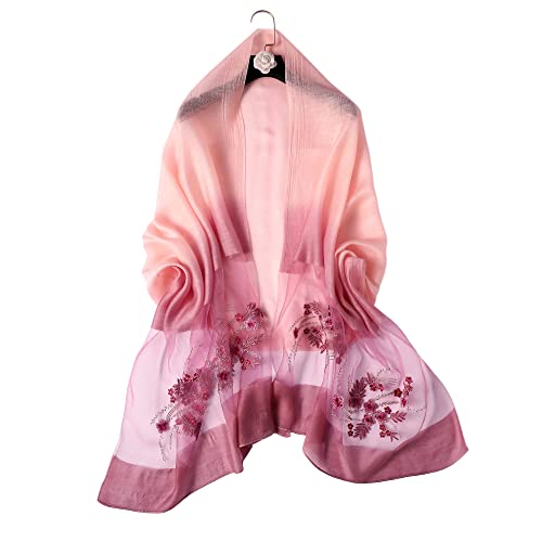 WINCESS YU Women Mulberry Silk Scarf Long & Large Embroidered Floral Pattern Shawl and Wraps Neckerchief for Hair & Neck - color: Gradient Pink