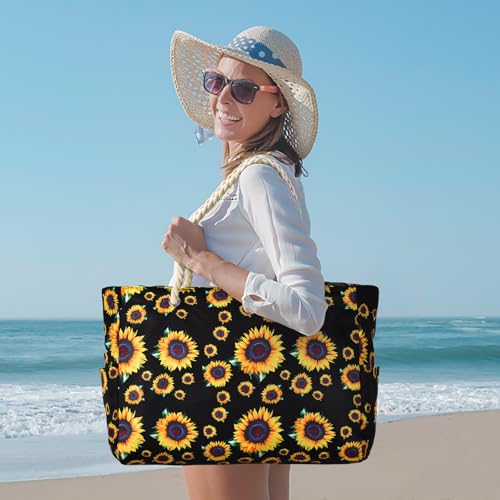 Becokan Beach Bag Large Beach Tote Bag for Women Waterproof Sandproof Swim Pool Bag With Zipper - color: Sunflower