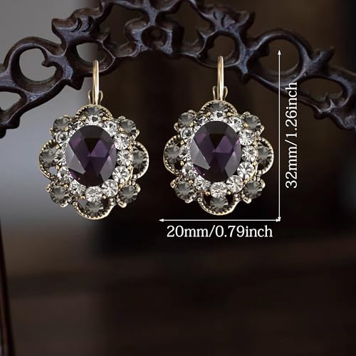 Handmade Bohemian Vintage Gold Sparkly Crystal Round Flower Leverback Earrings Cute Rhinestone Geometry Dangle Drop Earring for Women - color: Dark Purple