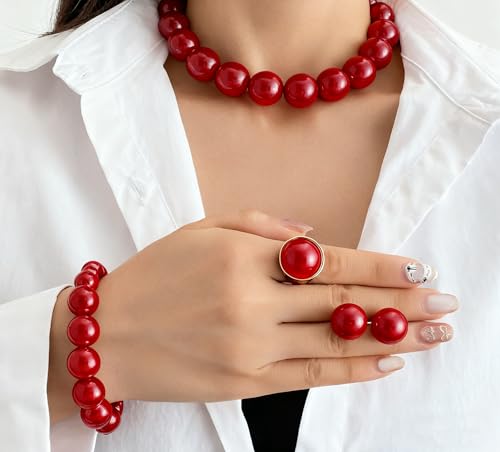 Chunky Beads Jewelry Set Boho Large Simulated Pearl Statement Colorful Beaded Necklace Bracelet Earrings Ring Set Holiday Party Bride Outfit for Women - color: Red