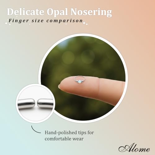925 Sterling Silver & 14K Gold Filled Nose Ring Hoop Handmade Piercing Jewelry For Women - 24 Gauge 2mm,7mm Tiny Nose Ring with Opal - Gift Ready - color: White Opal Silver