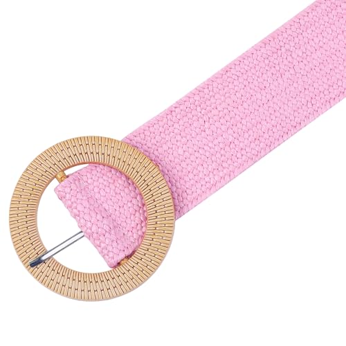 Women's Cotton and Linen Style Plastic Straw Braided Belt Circle Buckle for Dresses - color: Pink