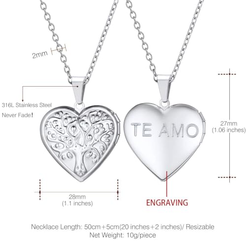 U7 Women Locket Necklace Platinum 14K Gold Photo Lockets that Hold Picture,Chain 20 Inch Personalized Gift Custom Love Heart Image Necklaces - color: 04# Stainless(Tree of Life)
