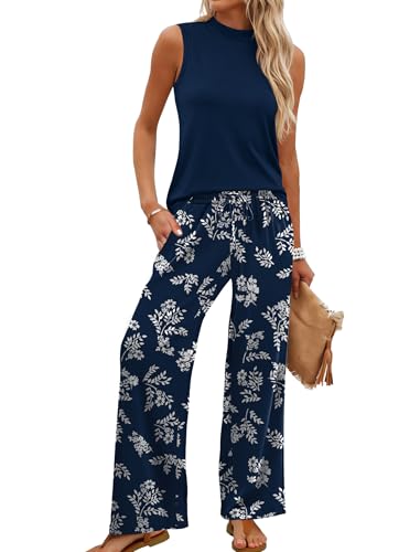 WIHOLL Two Piece Set for Women Summer Spring Outfits Cruise Travel Airport Beach Vacation Mock Neck Wide Leg Pants Set - color: Blue Floral, size: Small