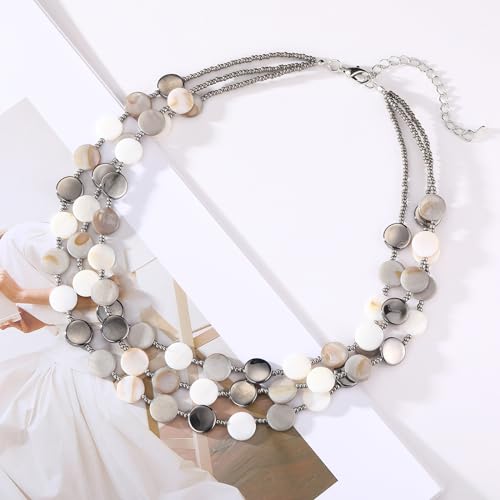 Noessla Layered Beaded Chunky Necklace for Women Boho Two-color Shell Statement Necklace Fashion Collar Costume Jewelry Gifts for Mum - color: White