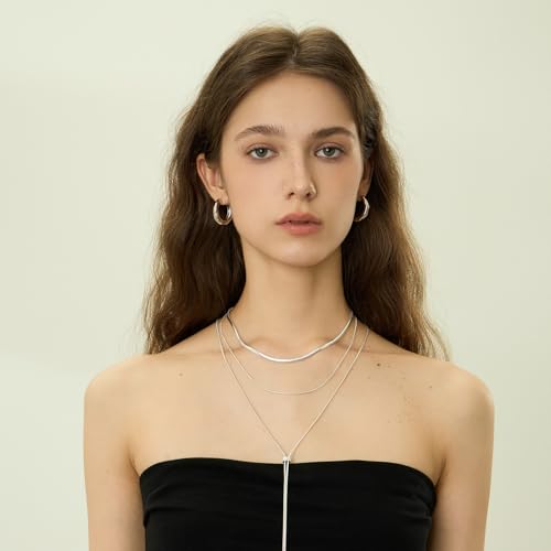ARSIS 18K Gold Plated Herringbone Necklace Snake Chain Choker Dainty Layered Hypoallergenic Jewelry Gift for Women - color: Silver Double Layer