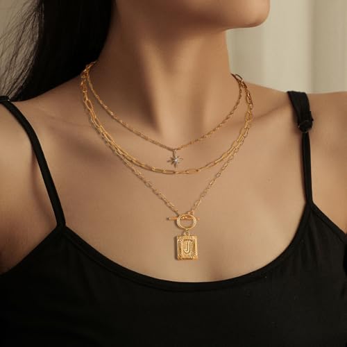 Paxuan Dainty Gold 3-Layer Personalized Initial Necklace for Women - 18K Gold Layered Letter Pendant Necklace Adjustble Paperclip Chain Choker Necklace Jewelry Gifts with Star Charm - style: Letter A