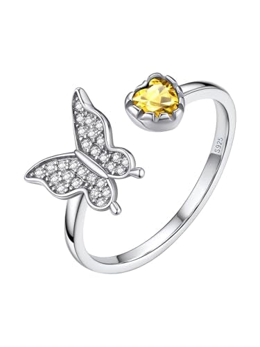 Bestyle 925 Sterling Silver Butterfly Ring Hypoallergnic Adjustable Birthstone Rings for Women Butterfly Jewelry Gifts for Anniversary Mothers' Day Birthday - color: 11.November (Citrine)