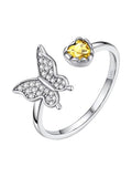 Bestyle 925 Sterling Silver Butterfly Ring Hypoallergnic Adjustable Birthstone Rings for Women Butterfly Jewelry Gifts for Anniversary Mothers' Day Birthday - color: 11.November (Citrine)