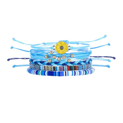 Beach Summer Ankle Bracelet for Women Handmade Braided Adjustable String Anklets Waterproof Surfer Bracelet - color: flower/blue