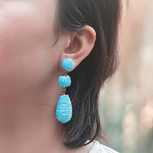 Boho Raffia Earrings Statement Dangle Earrings Cute Teardrop Ball Earrings Colorful Summer Jewelry Handmade Rattan Earrings for Women - color: Blue