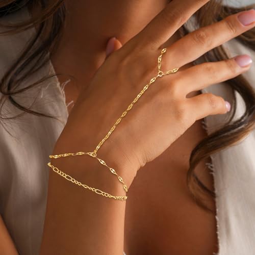 Gold Bracelets for Women Trendy, Dainty Gold Hand Chain Bracelets Stackable 14k Gold Plated Finger Ring Bracelet Hand Chain Cz Flower Layered Link Bracelets for Women Non Tarnish Jewelry Gifts - style: layered lips hand chain bracelet-gold