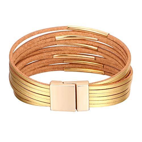 Fesciory Leather Wrap Bracelets for Women, Boho Leopard Multi-Layer Crystal Beads Cuff Bracelet Jewelry - color: A2:Short Gold
