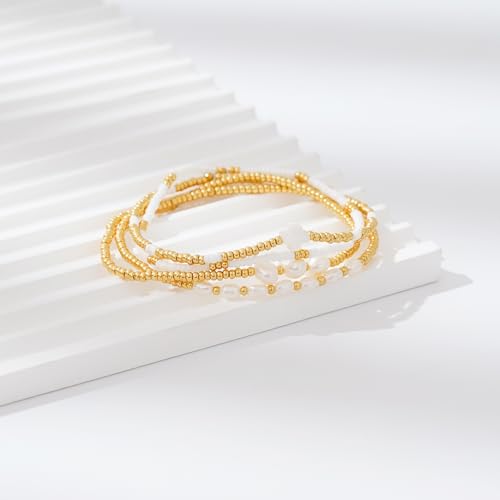 Dainty Gold Plated Pearl Crystal Beaded Bracelets Set for Women 14K Gold Plated Bead Pearl Beads Bracelet Stackable Paperclip Link Chain Bracelets Gold Plated Bracelets for Women Trendy Jewelry - color: Style3-shell cross pearl gold beads set