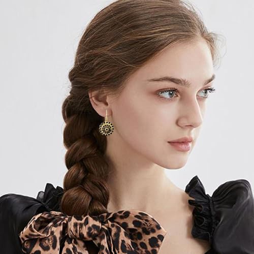 Bohemian Vintage Sliver Geometry Enamel Flower Lightweight Dangle Hoop Earrings Ethnic Handmade Circle Disc Teardrop Earrings For Women - color: Black