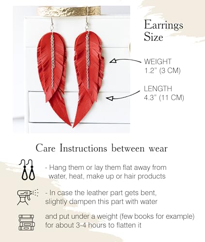 Black shiny Leather Feather Earrings for Women, Lightweight Minimal Boho Dangle Earrings, Small Simple Everyday Jewelry - color: red