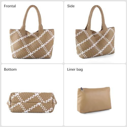 Woven Tote Bag Womens Purse Vegan Leather Shoulder Handbags Fashion Summer Beach Tote Bags Large Travel Totes - color: Apricot-w