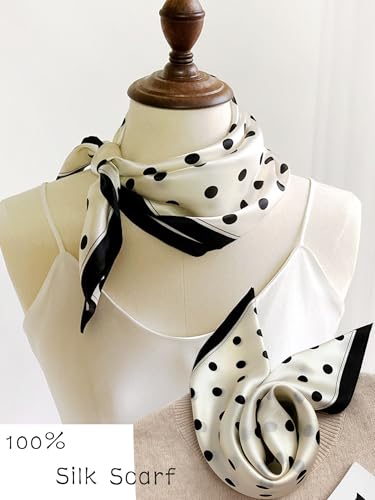 100% Mulberry Silk Scarf for Women Hair Lightweight Square Neckerchief Wrap For Head Scarves 21" - color: 26-white Black Point /21"*21"