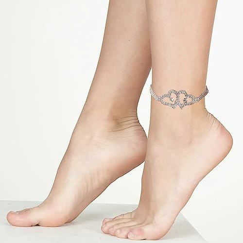 2 Pcs Heart Ankle Bracelets For Women Crystal Rhinestone Tennis Armlet Bracelet For Cuban Link Anklet Crystal Tennis Heart Pendant Anklets Boho Foot Chain Bracelet Rhinestone Leg Bracelet Jewelry (Double Love)