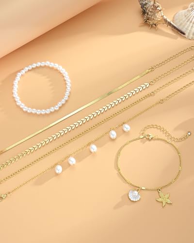 FAXHION Gold Anklets for Women Waterproof, Adjustable Boho Stacking Dangle Coin White Bead Cuban Link Chain Anklets Set, Summer Layered Beach Jewelry Gift for Women - color: Gold-pearl Shell