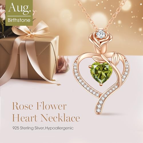 LOUISA SECRET Rose Flower Heart Birthstone Necklaces for Women, 925 Sterling Silver Jewelry, Pendant Heart Necklaces Birthday Anniversary Christmas Gift for Women Wife Mom Girlfriend Lady - color: Rose Gold-08-Aug