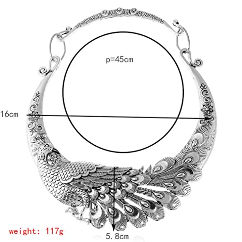 YAZILIND Chunky Bib Necklace Peacock Bohemian Women's Vintage Silver Plated Ethnic Clavicle Collar Jewelry
