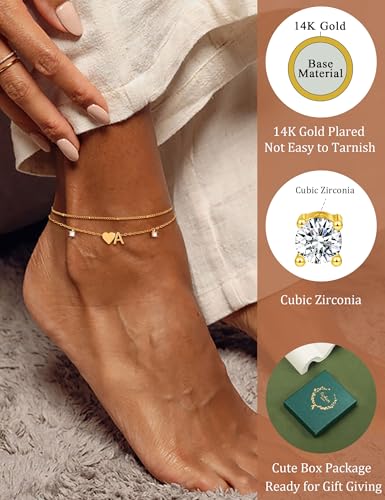 Silver Ankle Bracelets For Women 14k Gold Plated Initial Anklets For Women Waterproof Non Tarnish Dainty Layered CZ Letter A-Z Heart Charm Anklet Set Summer Beach Foot Chain Jewelry Gift - color: Gold