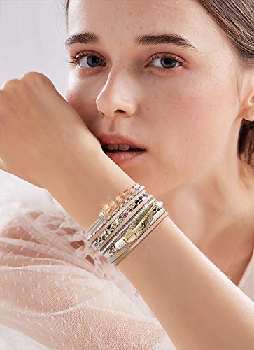 Wowanoo 3Pack Leather Cuff Bracelet Set Multilayer Wrap Bracelet Crystal Feather Tree Bracelet Magnetic Clasp Bracelet for Women - color: 3pack