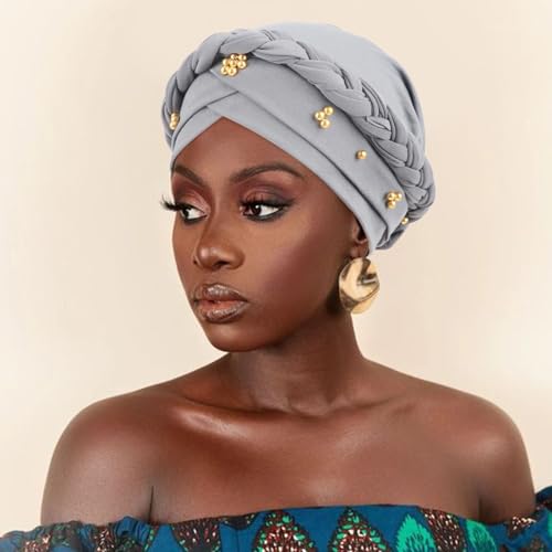 African Women Turban Caps Pre-Tied Twisted Turbans Head Scarf for Women Hair Wraps Cover Beanie Cancer Chemo Headwear - color: 1 Pack Twisted Braid: Gold Bead Light Grey