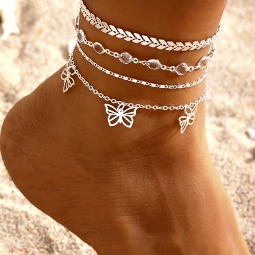 4PCS Bow Anklet for Women, 4-Layered Lightweight Simple Chain Bow Ankle Bracelet Set, Elegant Women's Fashion Jewelry, Ideal for Casual and Special Events - color: Silver