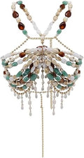 Boho Shell Beaded Body Chain Bra Luxury Crystal Tassel Beach Festival Jewelry Crystal with Gold Accents Mermaid Costume Bra Rave/Festival/Burlesque Bra Top(Blue Green stone)