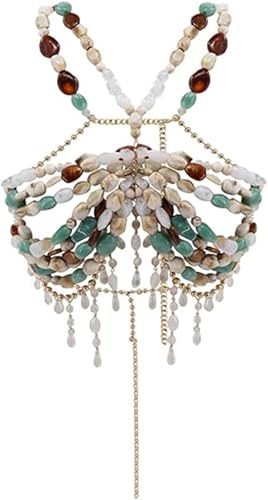 Boho Shell Beaded Body Chain Bra Luxury Crystal Tassel Beach Festival Jewelry Crystal with Gold Accents Mermaid Costume Bra Rave/Festival/Burlesque Bra Top(Blue Green stone)