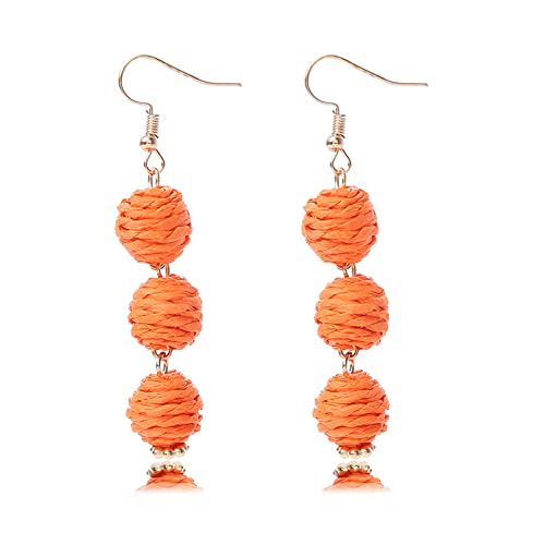 Lightweight Boho Thread Raffia Earrings for Women Handmade Braided Straw Wicker Lantern Ball Earrings Summer Beach Bohemian Geometric Earrings Holiday - color: orange