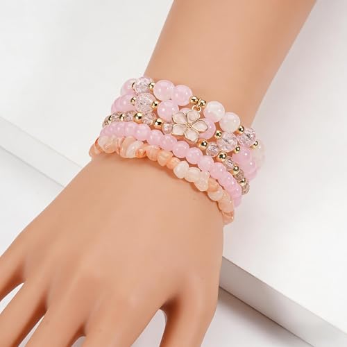 coadipress 5Pcs Bohemian Flower Stackable Bead Bracelets for Women Multilayer Crystal Glass Beaded Charm Bangles Bracelet Boho Summer Beach Hawaii Holiday Statement Jewelry - color: Pink