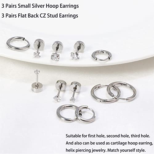Dainty 6 Pairs Surgical Steel Earrings Sets for Multiple Piercing, Lightweight 14K Gold Plated Small Huggie Hoop Earrings, Flat Back Tiny Ball CZ Stud Earrings for Cartilage, Helix, Lobe, Hypoallergenic - style: Silver- Huggie Hoops and CZ Studs
