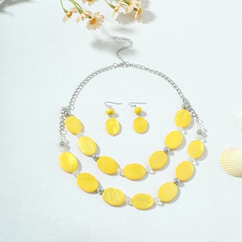 2 Layered Chunky Beaded Shell Necklace for Women Sea Shell blue/yellow/red/green/turquoise/teal/white Statement Necklace and Earring Set Elegant Women Necklace Set Jewelry Sets for Women - color: Yellow
