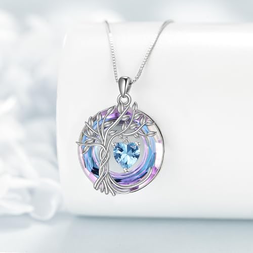 POPLYKE Mothers Day Gifts for Mom Her Wife Tree of Life Necklace 925 Sterling Silver Birthstone Pendant with Crystal Anniversary Birthday Wedding Jewelry for Women - color: 03-Mar-Aquamarine, style: White Gold Plated-Amethyst Crystal