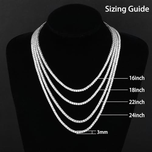 BREN Tennis Necklace - 3mm 4mm 5mm Iced Out Diamond Tennis Chain 5A Cubic Zirconia Necklace - 18K/White Gold Plated Flat Tennis Necklace for Women and Men Size 16"-22" - color: White Gold-3mm, size: 18 inch