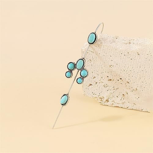 Turquoise Ear Wrap Crawler Hook Stud Earrings for Women Girls Silver Plated Blue Birthstone Flower Long Bar Piercing Ear Cuffs Boho Statement Earrings Bohemian Indian Bollywood Wedding Birthday Christmas Jewelry Gifts - style: U Shaped